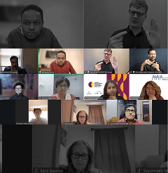 Grid of people in a virtual video meeting.