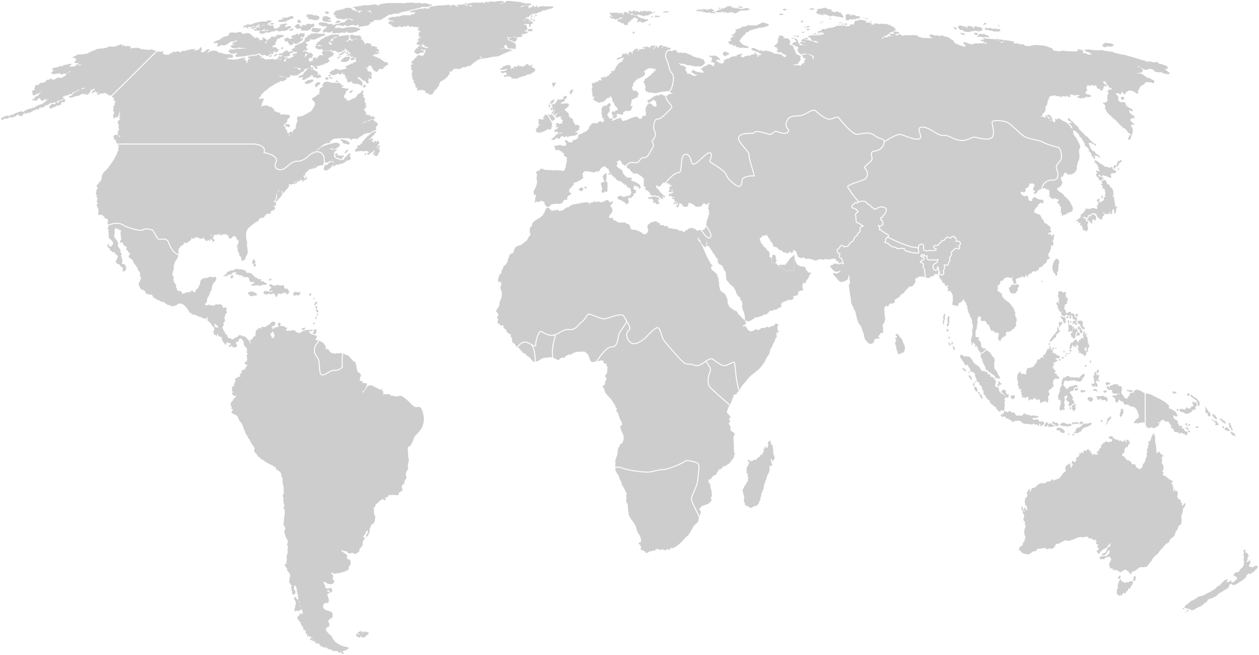 Gray world map showing continents and country borders on a black background.