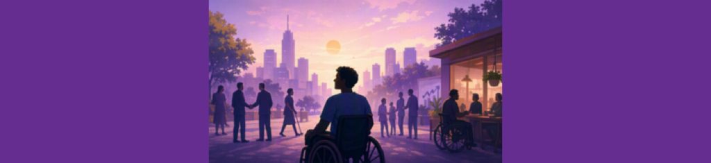 Illustration of a person using a wheelchair in a city, with people interacting in the background at sunset.