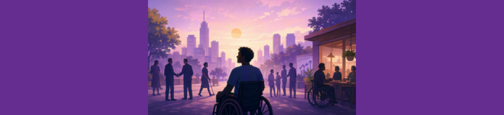 Illustration of a person using a wheelchair in a city, with people interacting in the background at sunset.