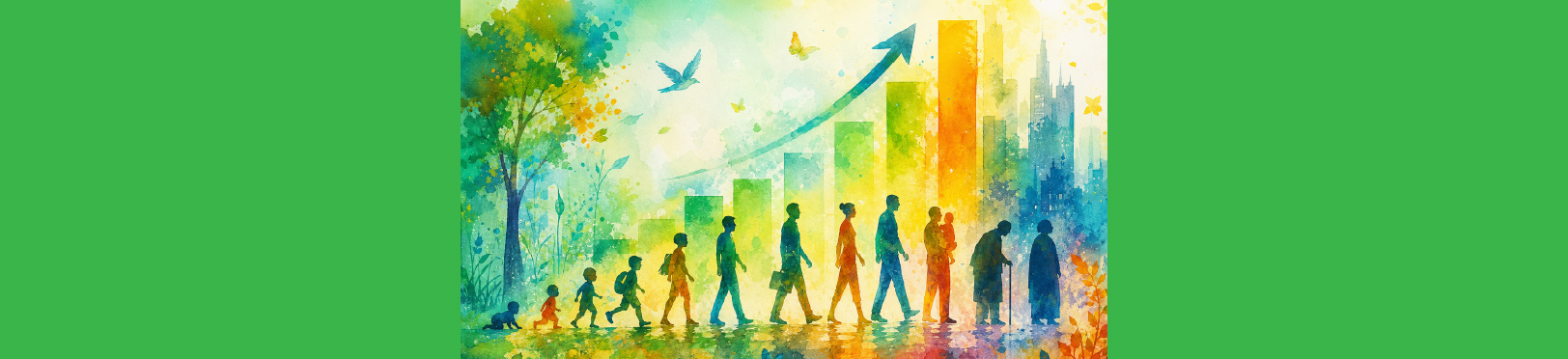 People progressing through life stages with an upward growth chart in the background.